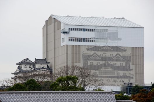 Himeji castle in japan during reconstruction work in November 2011