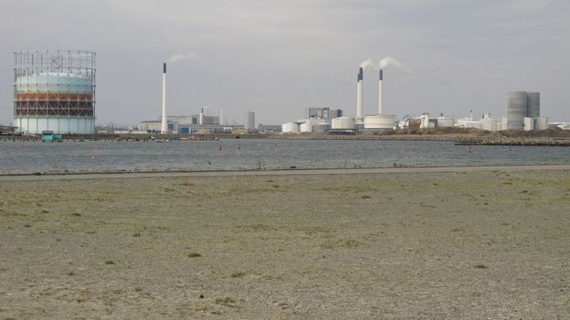 Gasometer, oil tanks, and power plant in the Copenhagen harbor area, heavy industry
