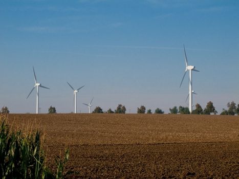 wind turbines on farmland with fresh field in the forground