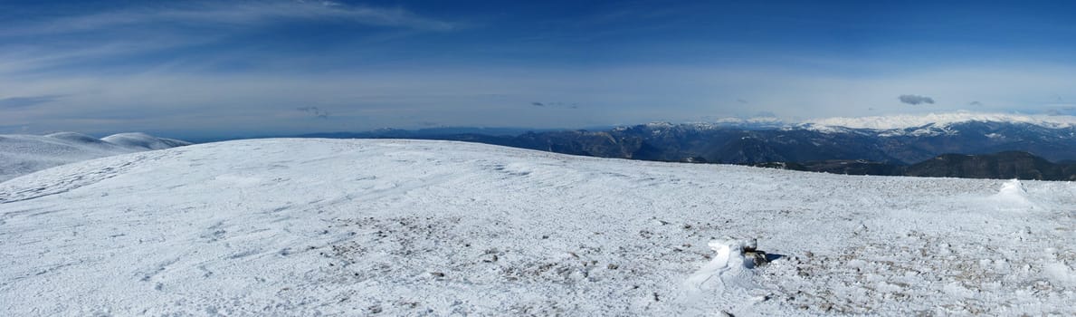 panorama of Snowy mountains in the pyrenees, Spain. Vall de la Vansa, sierra del Cadi