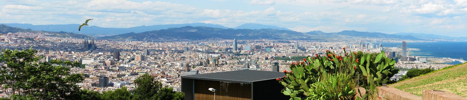 Panorama view of Barcelona from montjuic with sea and mountains