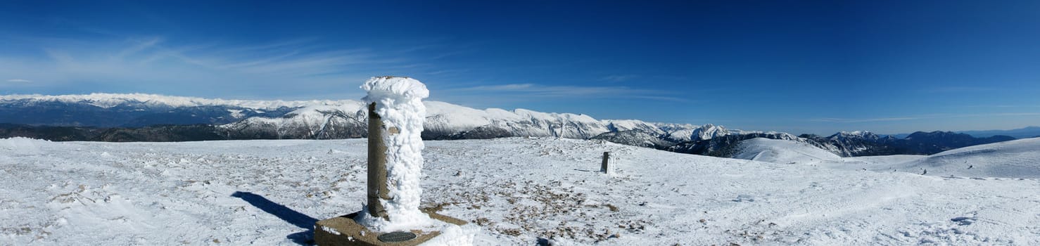 panorama Snowy mountains in the pyrenees, Spain. Vall de la Vansa, sierra del Cadi