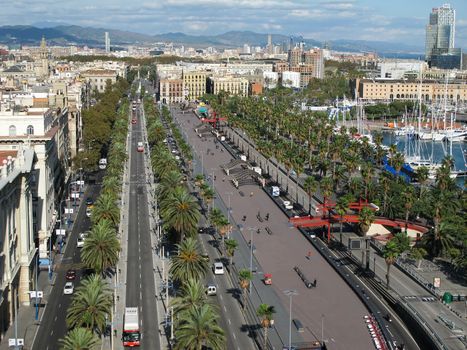 View of the Passeig de Colom in the historic harbor area of  Barcelona