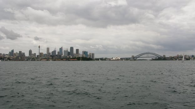 view of the Sydney skyline with skyscrapers, habor bridge, opera, australia