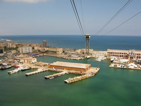 Port Vell harbor area in Barcelona seen from the aerial tramway