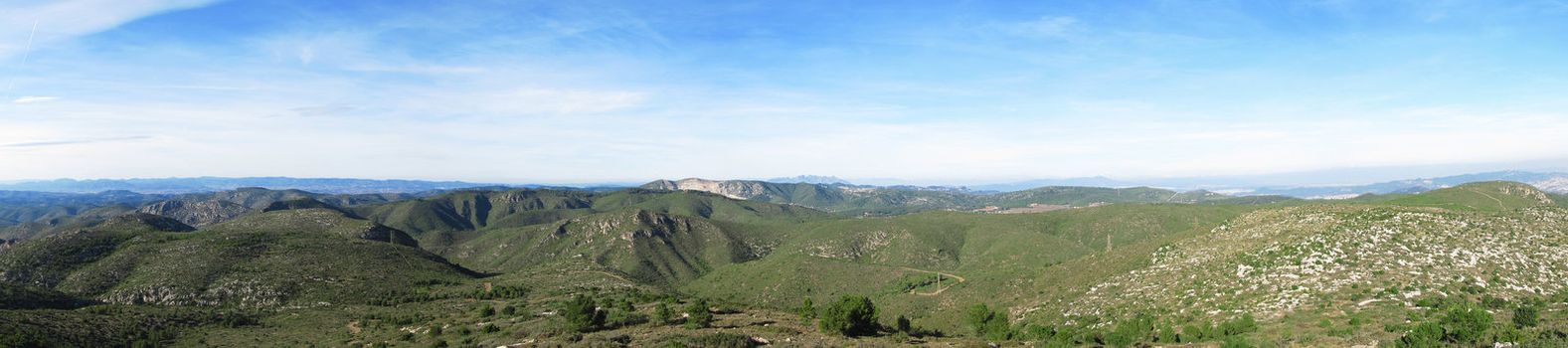 Panorama view towards Montserrat mountain from Garraf Natural Park, Catalonia, Spain 
