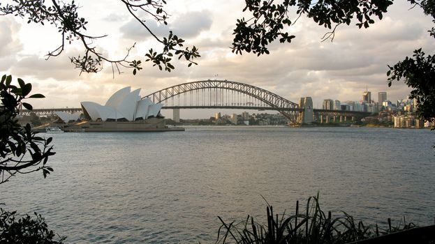 Sydney harbor with bridge and opera house in evening light