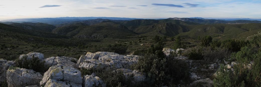 Panorama view from the natural park of Garraf towards mediterranean hills and mountains
