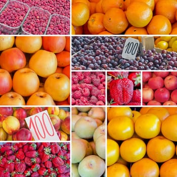 Digital collage of fruits on farmers market, natural organic food