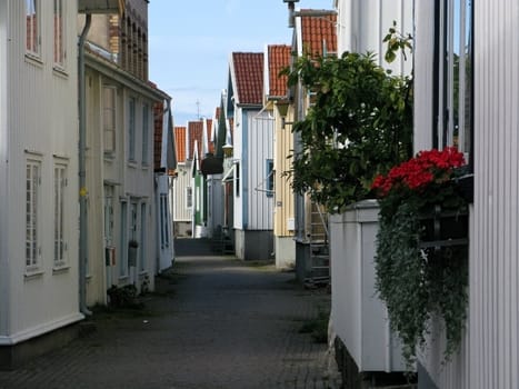 street with typical swedish wood houses in lyseskil, sweden