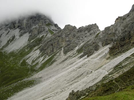 small walking path in the alps on a steep slope