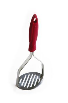 Silver potato masher with red handle