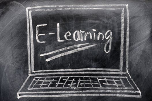 Chalk drawing of Laptop with E-learning on the screen