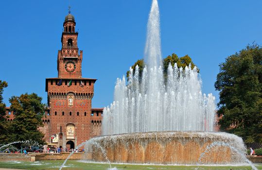 Fountain next to the Sforzesco castle in Milan Italy
