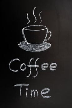 Chalk drawing of coffee time with a cup on a blackboard