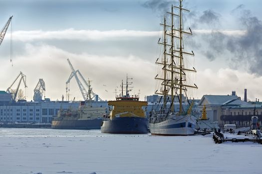 Port in winter. Vasilyevsky Island, St. Petersburg, Russia