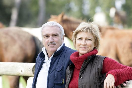 Couple standing next to horses