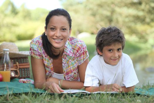 Mother and son enjoying a picnic