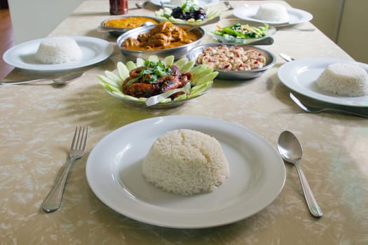 Home Cooked Traditional Southeast Asian Chinese Meal with Rice