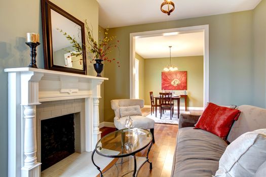 Beautiful green living room with dining room view.