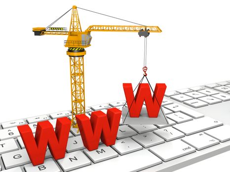 Crane building a website in a form of www letters on a computer keyboard