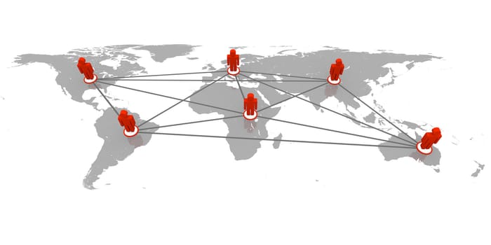 Concept of global network with red figurines on world's continents connected to each other