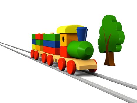 3D illustration of colorful wooden toy train on rails