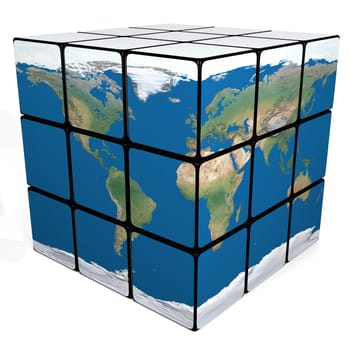 Cube wrapped in planet Earth texture isolated on white background. Elements of this image furnished by NASA.