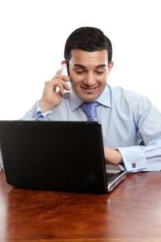 Businessman in discussion with a client, customer, contractor or other business person on the telephone.  White background.