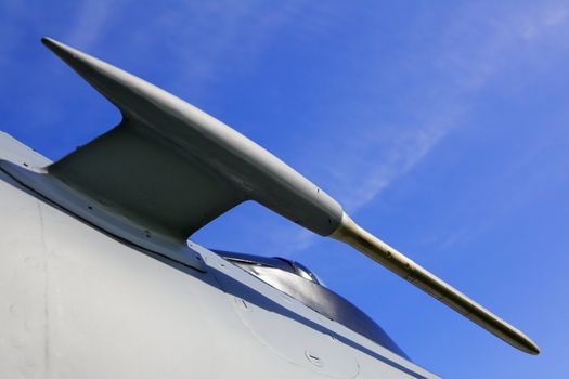 Futuristic looking Jet Fighter pitot tube against a blue sky