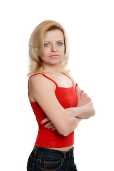 serious woman in a red top on a white background