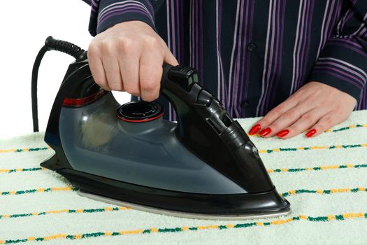 housewife ironing clothes on a white background