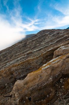 Volcano Ijen crater and clouds, East Java, Indonesia