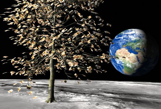 money tree on the moon surface with € 50 bills instead of leaves and the planet earth on the background