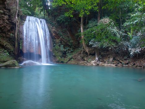 Emerald color water in tier fourth of Erawan waterfall, Erawan National Park, Kanchanaburi, Thailand