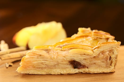 A slice of delicious apple pie with apple and cinnamon in the back (Selective Focus, Focus on the upper edge of the pie)