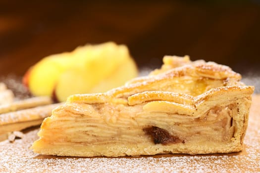 A slice of delicious apple pie with sugar powder (Selective Focus, Focus on the upper edge of the pie)