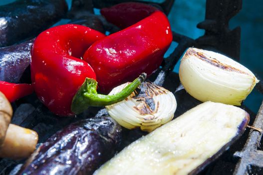 Vegetables cooked on the grill in the garden