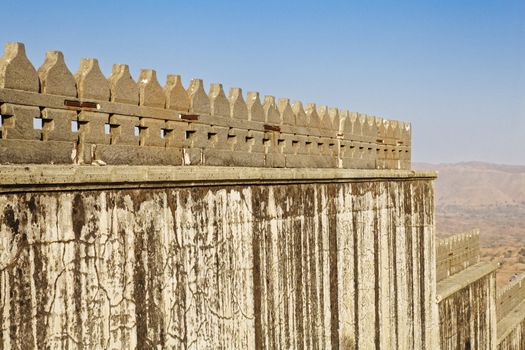 Landscape of the high wall defences at Kumbhalghar Fort, Rajasthan, India