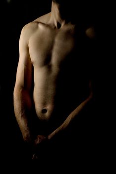 sexy fit naked male body on black background low key