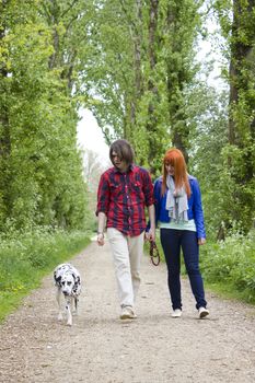 young couple people and dog 