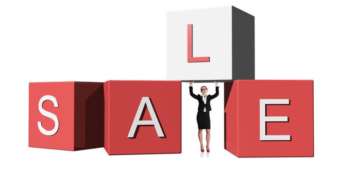 Sale time. Businesswoman with sale sign, isolated on white.