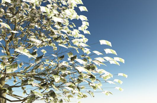 close up of a tree with 100 euro bills instead of the leaves on the left and the blue sky on background