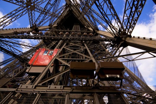Bottom view of lift on Eiffel Tower