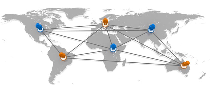 Concept of global network with coloured figurines on world's continents connected to each other