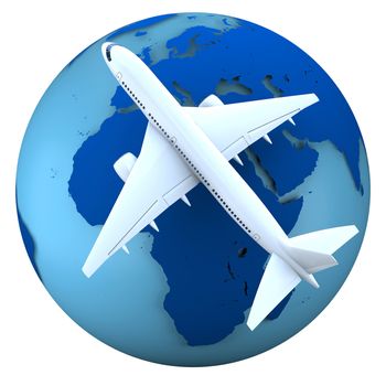 Concept of flying passenger aircraft over model of Earth isolated on white background. Elements of this image furnished by NASA