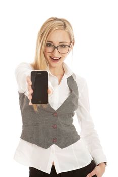 young business woman with mobile phone isolated on white background