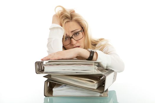 business woman with folder on desk workin isolated on white background