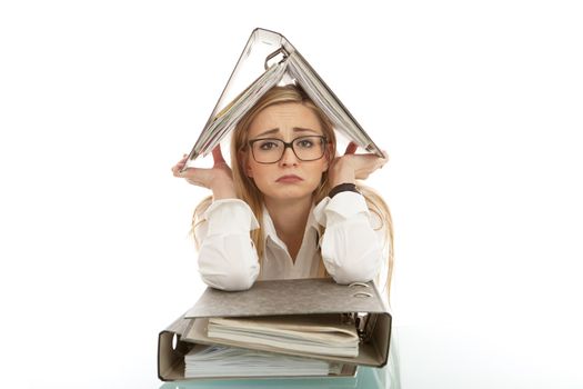 business woman with folder on desk workin isolated on white background