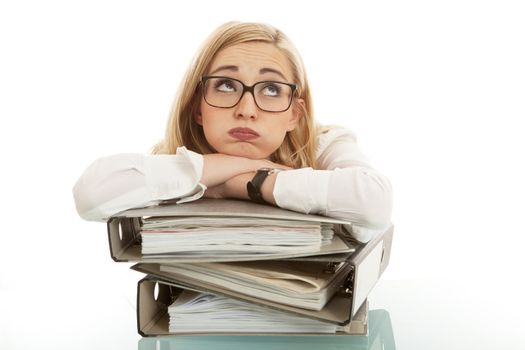 business woman with folder on desk workin isolated on white background